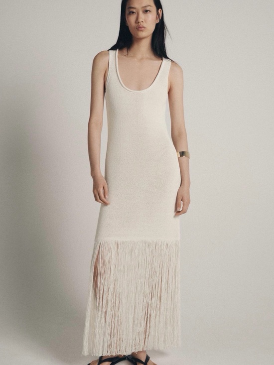 Zara Dresses & Skirts - ZARA Sleeveless Cream Fringe Knit Maxi Dress